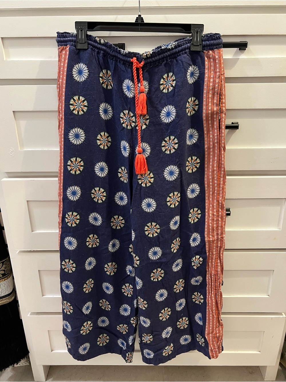 Anthropologie Navy Pants with Coral Drawstring and Multicolor Floral Print